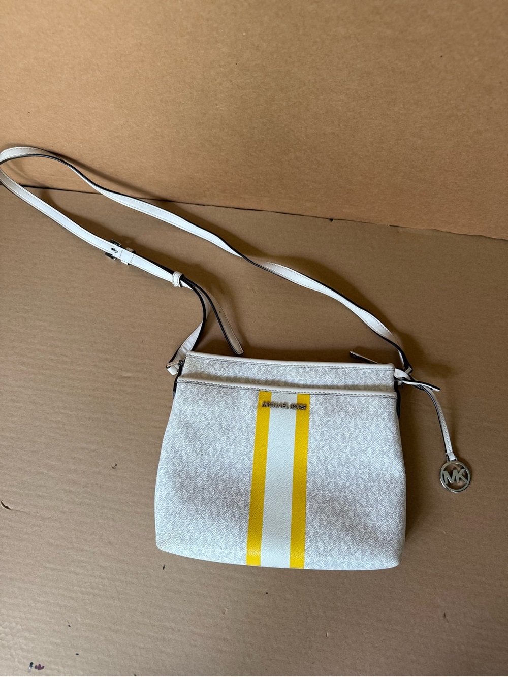 Michael Kors White Crossbody with Yellow Racing Stripe